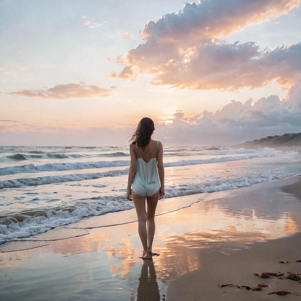 A serene beach scene blending swimwear fashion with elements of melancholy, featuring a lone figure in elegant swimwear gazing thoughtfully at the horizon. Soft, muted colors create a reflective mood, while wispy clouds and gentle waves enhance the emotional depth. Incorporate symbols of literature, like a subtle silhouette of Akhmatova in the background, evoking a sense of introspection. Use a dreamy, impressionistic style to capture the essence of the blog title. impressionistic. soft colors. ethereal atmosphere.